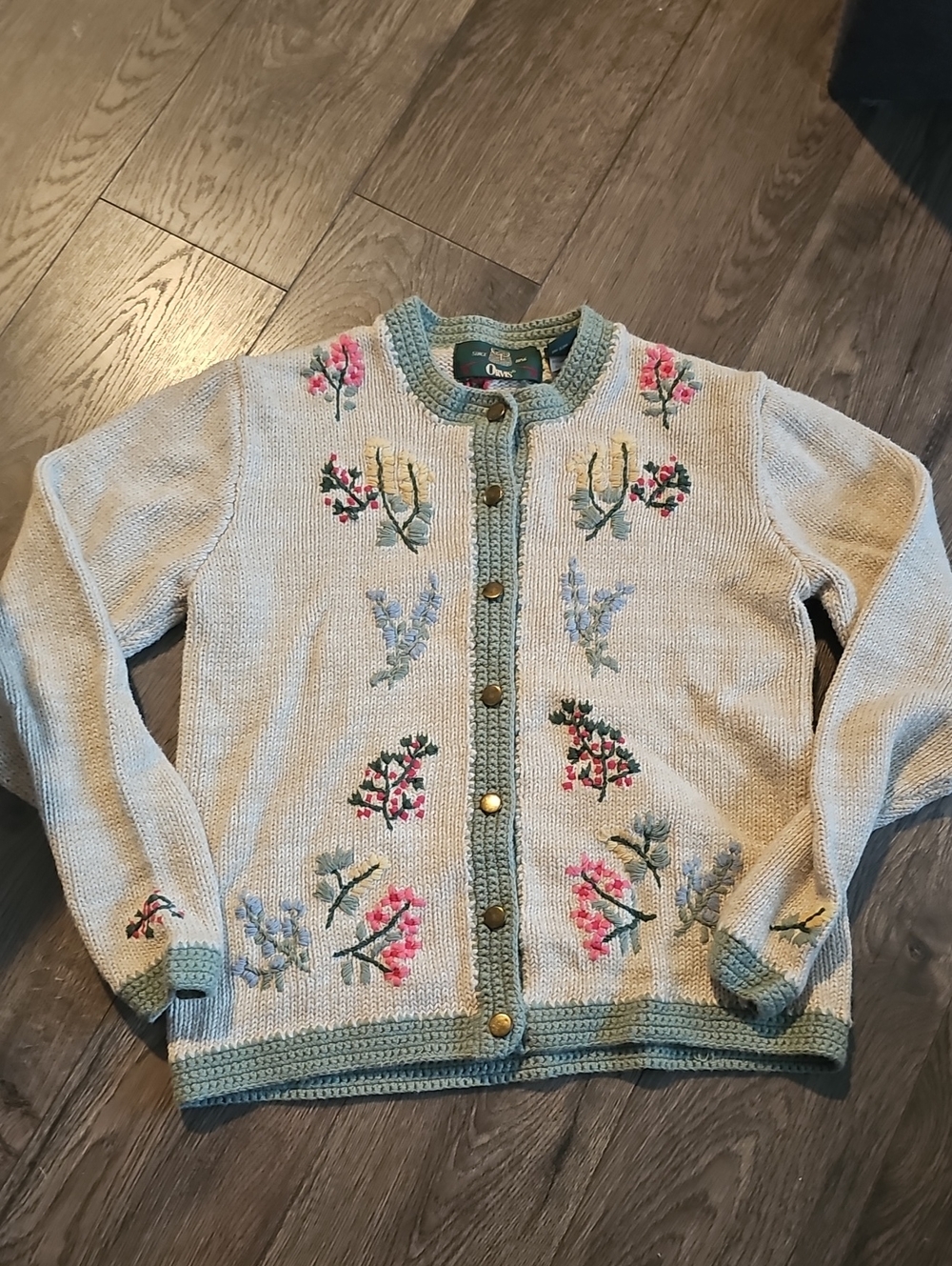 Orvis Embroidered Cardigan Floral Tan Teal Trim Xsmall Vintage